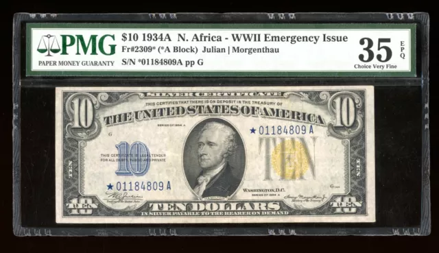 DBR 1934-A $10 North Africa Silver STAR Fr. 2309* PMG 35 EPQ Serial *01184809A