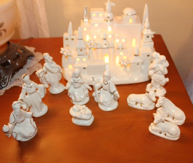 CHRISTMAS LIGHTED NATIVITY Set Ceramic 11 piece International Bazaar