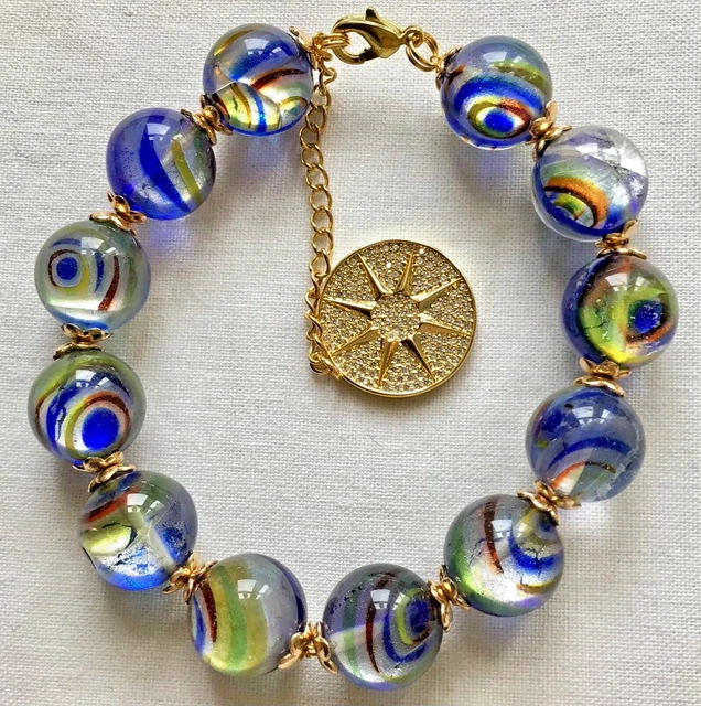 Bracelet Perles Verre De Murano Bleues - Création Manuelle - Longueur 21 Cm Plaqué Or - Neuf Sans Emballage