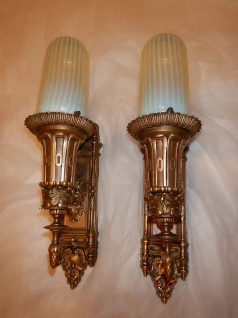 Pr. Art Nouveau Sconces w Opalescent Striped Shades