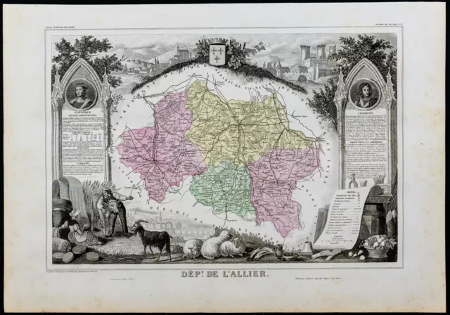 1869 - Allier - Carte géographique ancienne de Levasseur - Gravure