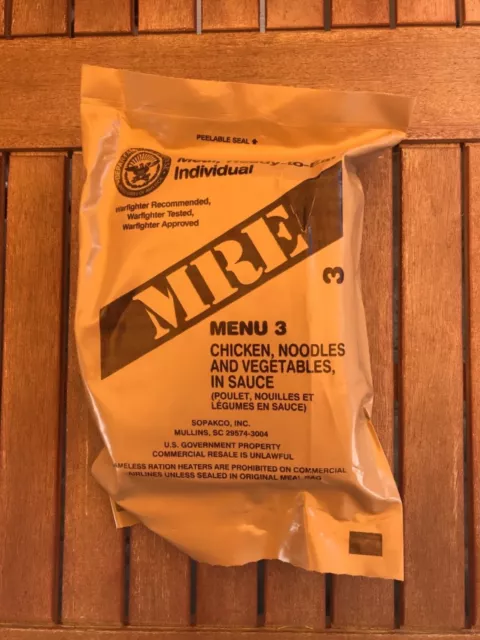 US ARMY MRE MEAL READY TAGESRATION MENU 3 Chicken Noodles & Vagetables Sauce b