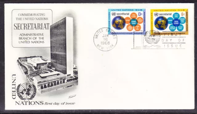 United Nations "Fleetwood"  - 1968 -  13c Secretariat  First Day Cover UNN