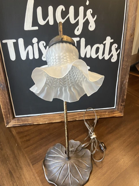 Vintage Frosted Glass Tulip Shade Table Lamp Brushed Brass Lily Pad Base 16”