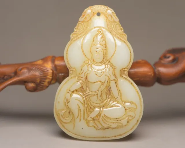 Chinese Antique Hetian Jade Carved Kwan Yin Statue Good Luck Pendant Jewelry Art