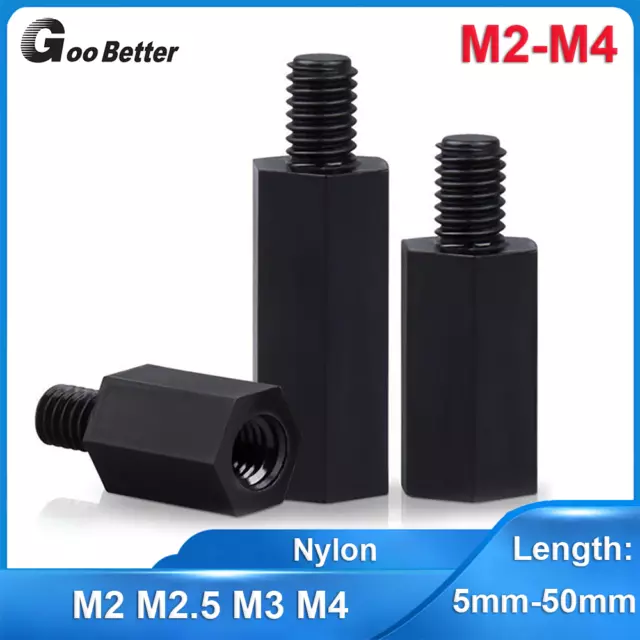 M2-M4 Male-Female Nylon Plastic Hex Standoff Spacers Thread Pillar PCB Black