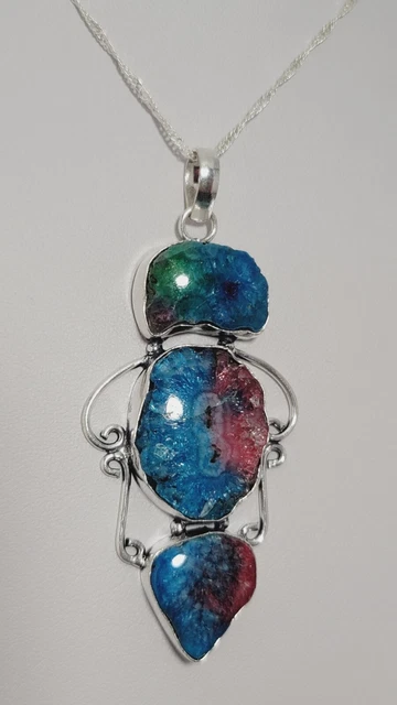 Blue, Red,  Green, Solar Drusy Quartz Sterling Silver Pendant 3" Chain 20 inches