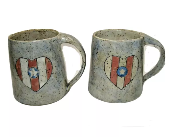 Patriotic Heart Mugs Red White & Blue Speckle Glaze Valerie Valvo Signed x2