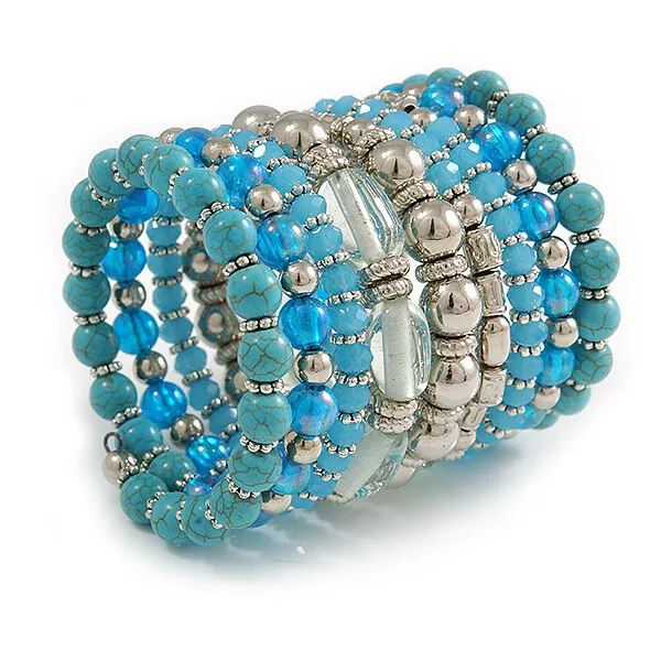 Glass/ Ceramic/ Acrylic Beaded Wide Flex Bracelet/ Blue/ Silver/ Clear/65mm Tall