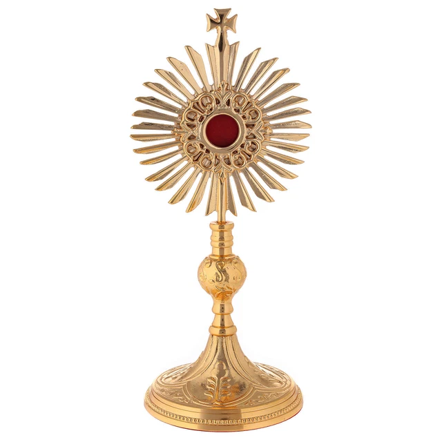 Reliquiario ottone dorato nodo cuore teca raggera h 28 cm