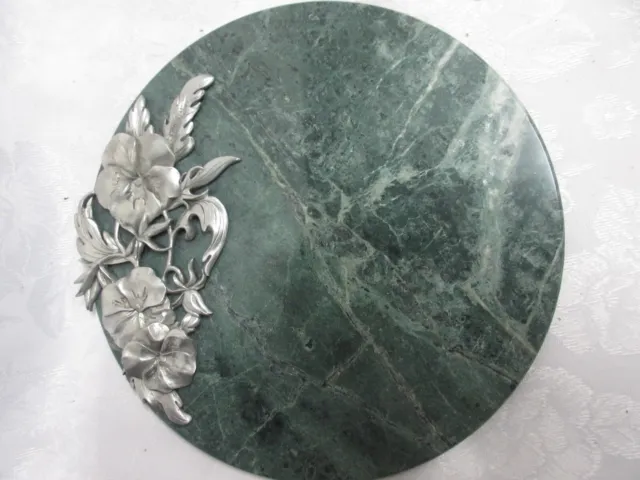 ARTHUR COURT Green Round Marble 8" Cheese Serving Tray w Floral Decor, 1990's