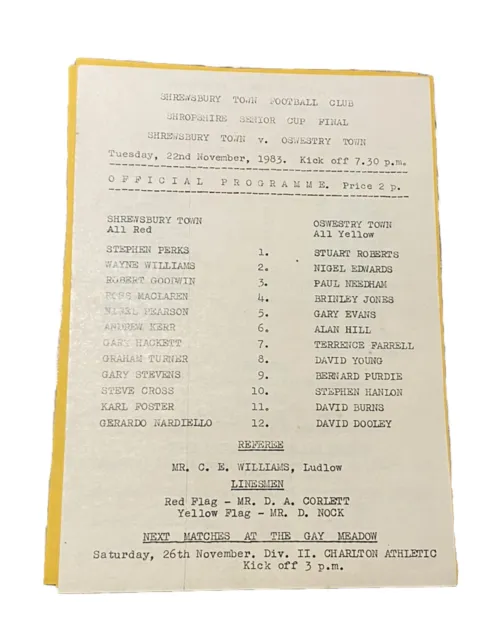 Shrewsbury  Town V Oswestry Town - Shropshire Senior Cup Final - 22/11/1983