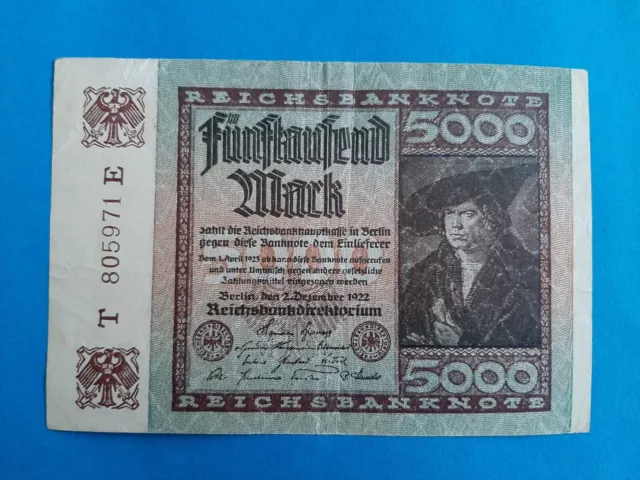 1 x 5000 Mark Reichsbanknote /  Banknote Geldschein von 1922 *