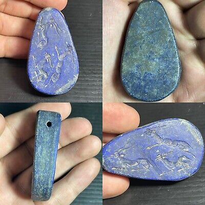 Beautiful Near Eastern Old Lapis Lazuli Stone Animals Engravings Amulet Pendant