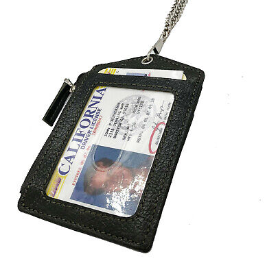 Black Genuine Leather ID Badge Holder Lanyard Card Holder Wallet Neck Strap 2