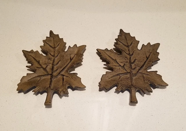 Pair Rustic Brown Painted Cast Iron Metal Maple Leaf Three Legged Decor Trivet