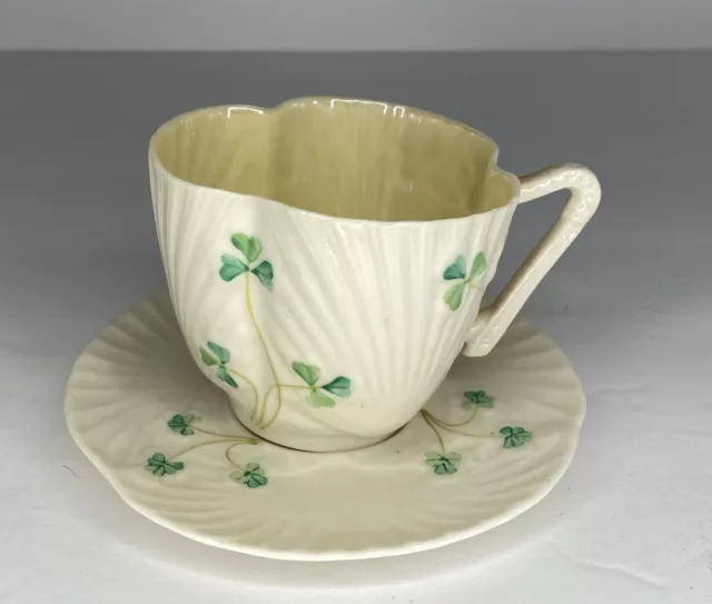 Belleek Irish Porcelain Harp Shamrock Ware Cup & Saucer, 5th Mark 1955-1965