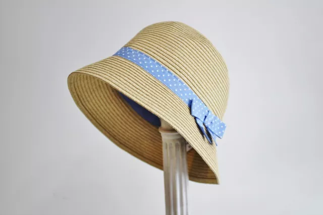 Gymboree Girl's Hat Straw Bucket Beige Periwinkle Blue Ribbon Bow Size S 5 6 2