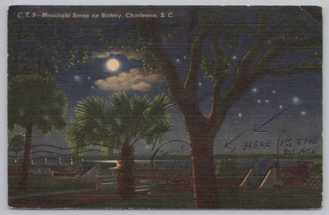 Linen~Charleston South Carolina~Moonlight on the Battery~Vintage Postcard