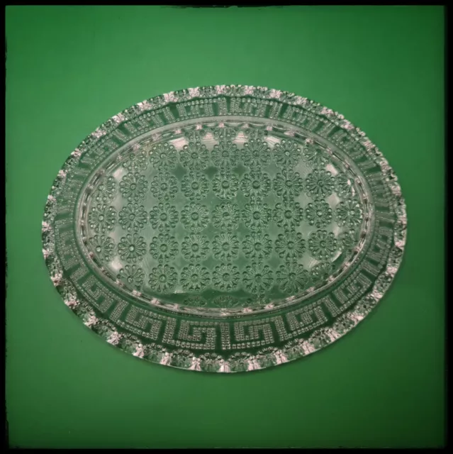 Pressed Glass Oval Dish - Daisy and Greek Key Pattern 3