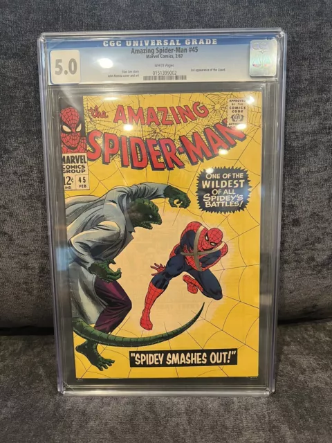 Amazing Spider-Man #45, CGC 5.0, WHITE PAGES! Silver Age, 3rd App Lizard! (1967)