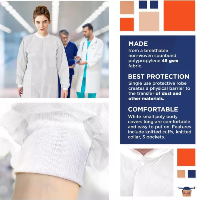 10 Disposable Lab Coats White Small SPP 45 gsm Work Gowns Protective Clothing 3