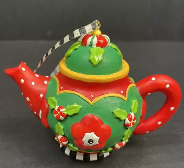 Mary Engelbreit Kurt Adler Teapot Christmas Holly Candy Cane Ornament RARE