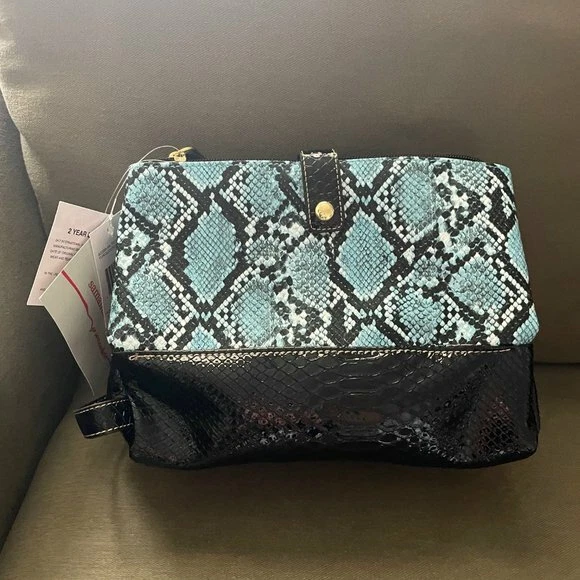 Samantha Brown Embossed  Snake Print 3 Compartment Organizer BLUE/BLACK nwt 4