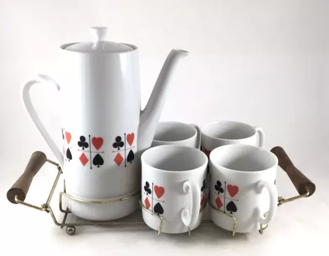 Tea Set in Caddy Rossini Playing Cards 6pc MCM Teapot 4 Mugs 1960s Label Ceramic 2
