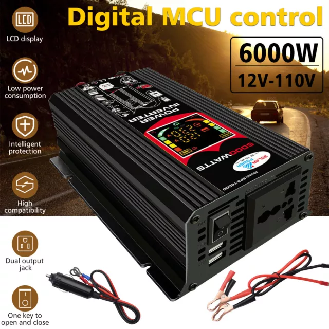 6000W LED Car Power Inverter Sine Wave Solar Converter DC 12V to AC 110V 2 USB