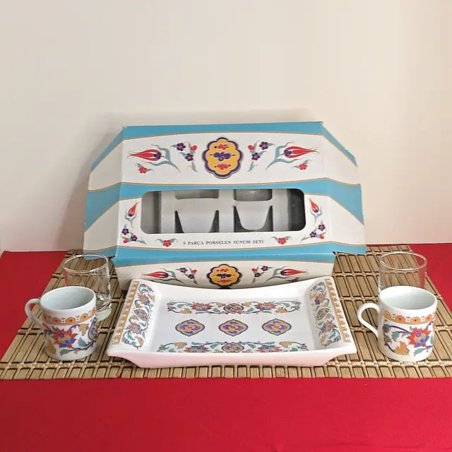 Turkish Porcelain Turkiye Sema Porselen Kuhtaya Set Mini Mugs, Glasses, and Dish