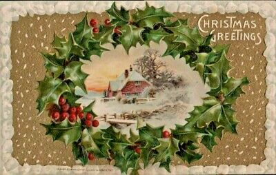 Antique Postcard  Winsch c.1911  'Christmas Greetings'  Holly Wreath Snowy Frame
