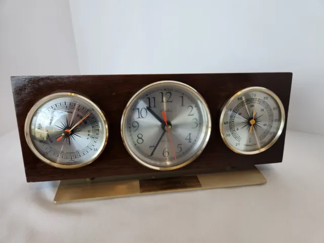 Vintage Linden Quartz Clock Thermometer Barometer Desk Top Wood Tested Working