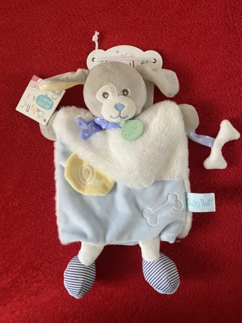 🇫🇷Doudou Marionnette  Baby Nat Chien Poupi Bleu Gris Blanc 100 % Neuf