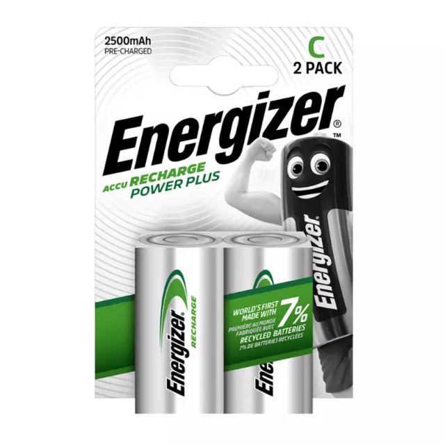 2x Energizer Rechargeable Size C Battery Charging Power Plus Nimh 2500mAh