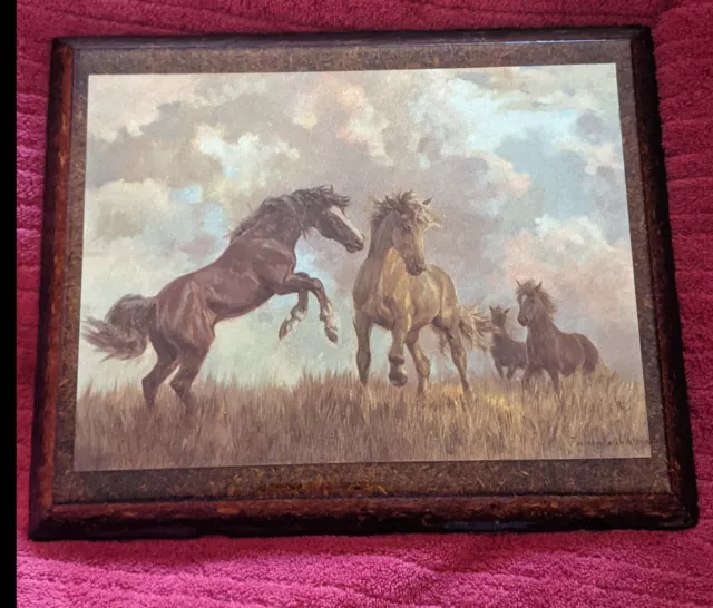 Vtg Wild Horses Art Glass Wall Hanging Glossy Acrylic Horses Wall Picture Photo