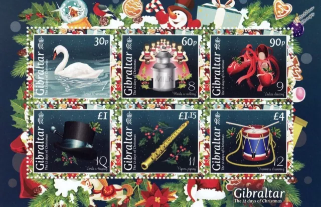 Foglio francobollo Gibilterra XMAS 2022 dodici giorni di Natale 6v nuovo nuovo nuovo di zecca (FV £7,95)