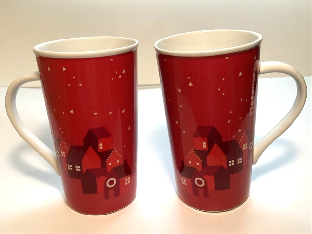 Starbucks 2013 Holiday Christmas Coffee Mugs Red Village 16oz Tall 2 Coffee