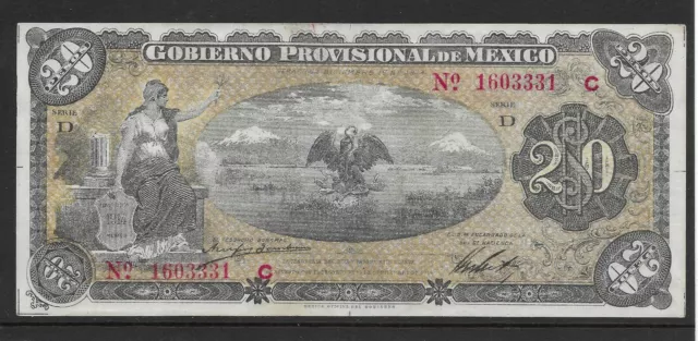 M1220 Mexico 20 Pesos Gob Provisional De Mexico 1914 Unc