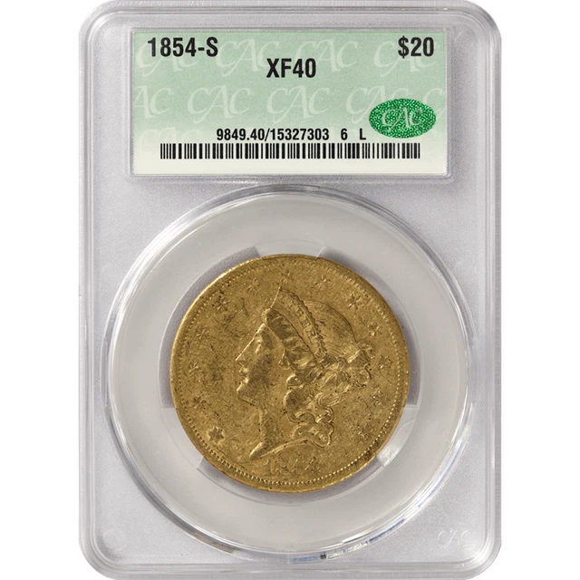 1854-S Liberty Head $20 Double Eagle, CACG XF-40 CAC - First San Francisco Issue