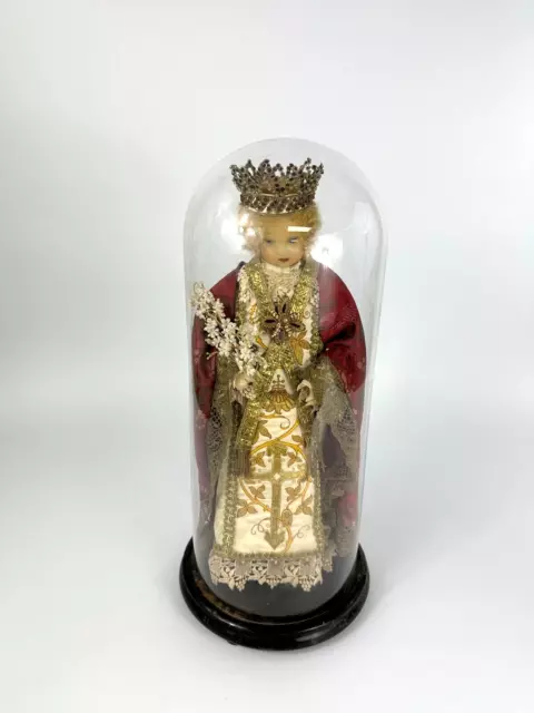 Antikes Fatschenkind Wachs Christkind 50cm Prager Jesulein Glassturz Glocke Dom