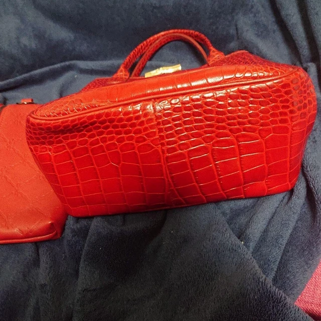 Longchamp Handbag Tote Croc Embossed ROSEAU Rozo Red with Pouch Made in France 3