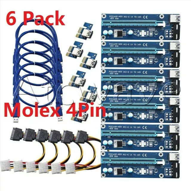 6 Pack USB 3.0 Pcie PCI-E Express 1x To 16x Cable Riser Bitcoin GPU AMD Graphics