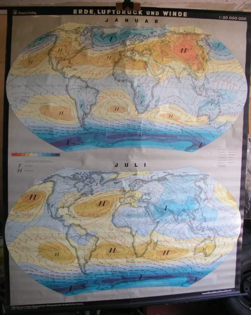 Schulwandkarte schöne alte Weltkarte map world Erde Luftdruck Winde 182x216 1965