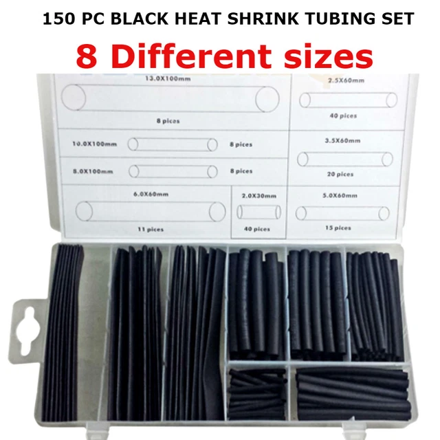150 PC Nero Termoretraibile Tubo Set Gomma Tubature Filo Giunti Wrap Elettrico