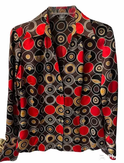 Ann Taylor Silk Button Up Blouse Womens Sz 4 Shirt Top Retro Circles 60s Mod