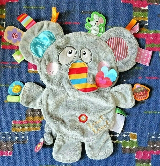 Qp  /   Doudou Plat Label Label Elephant Gris Gateau Souris Coeur Exc Etat