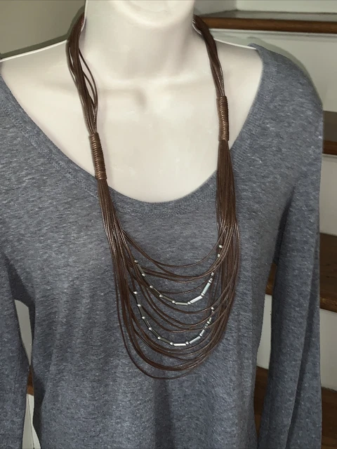 New J.CREW Chocolate Brown Silver Multi layers seed bead necklace statement💗175