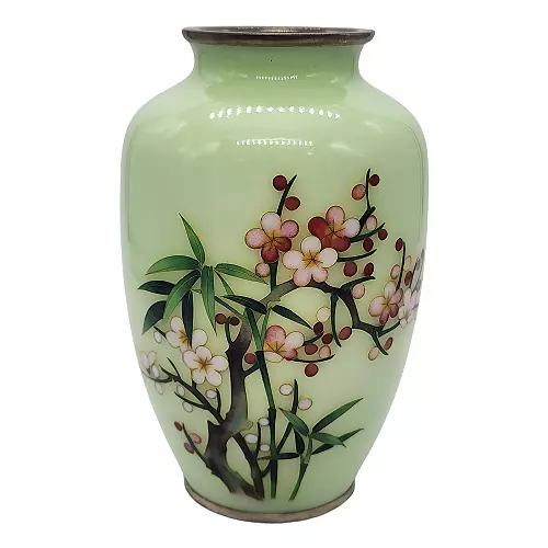 Vtg Japanese Celadon Cherry Blossom Cloisonne Vase, Unsigned, Ando Jubei STYLE