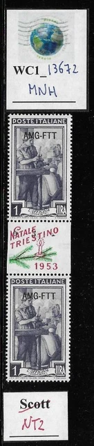 WC1_13672. ITALY: TRIESTE FTT. 1 L. gutter pair 1953 NATALE TRIESTINO. NT2. MNH
